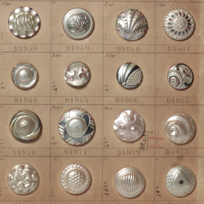 1910 Sample card (54) Czech antique metallic and pearl glass buttons
