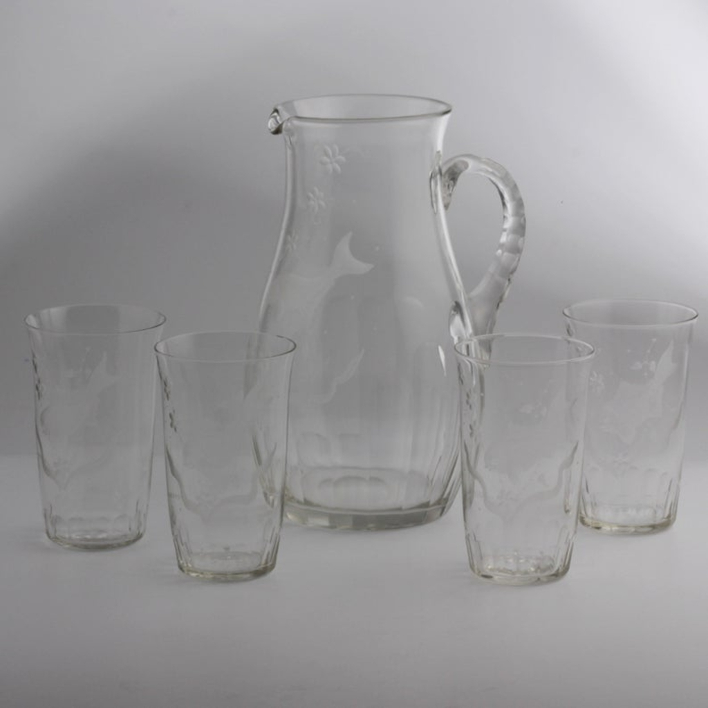Antique Victorian Czech hand engraved flowers and fish crystal glass pitcher jug and water glass set