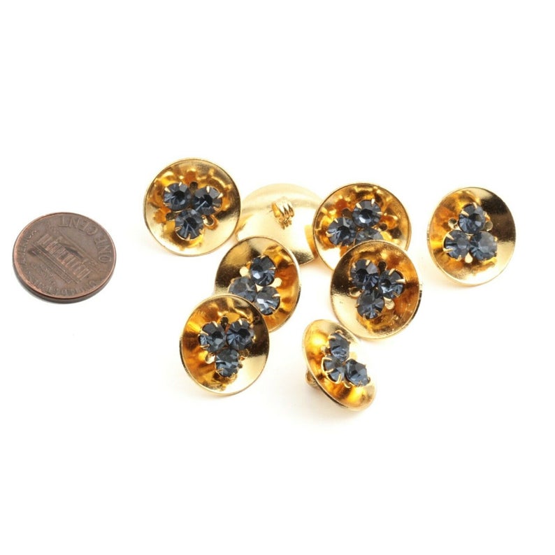 Lot (8) Czech amethyst glass rhinestone gold tone metal buttons 18mm