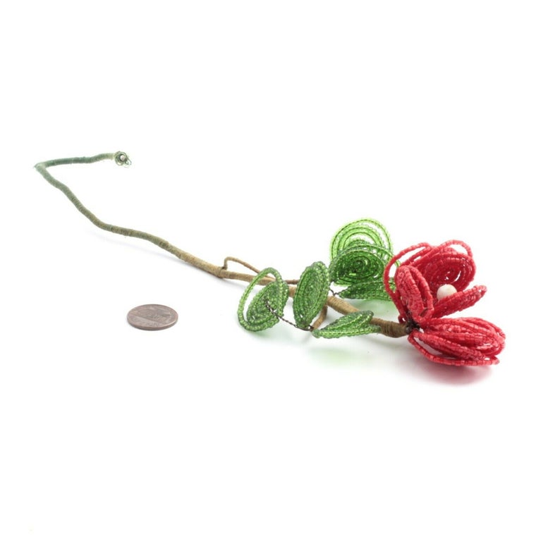 Antique French glass seed beaded red and green flower stem Czechoslovakia