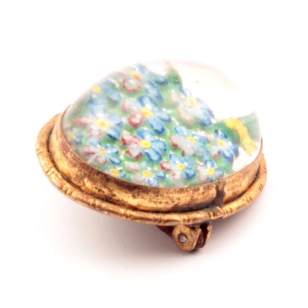 Antique Czech intaglio hand painted floral bouquet paperweight glass pin brooch
