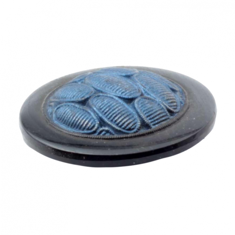 28mm antique Victorian Czech blue iridescent metallic black art glass button