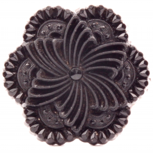Rare 28mm antique Victorian Czech faux rhinestone black lacy flower glass button