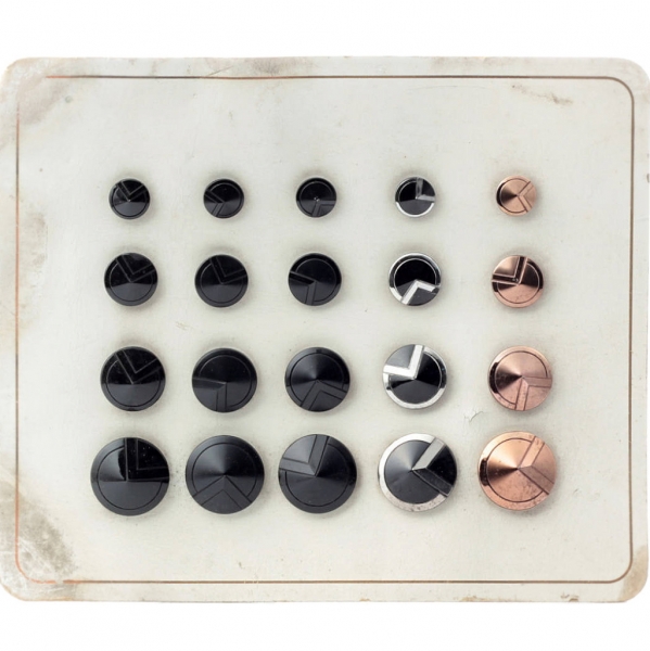 Sample card (20) Czech Art Deco 1920's Vintage silver copper metallic black geometric cone art glass buttons
