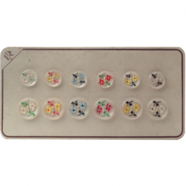 Sample card (12) Czech Art Deco 1920's Vintage intaglio floral hand painted crystal art glass buttons