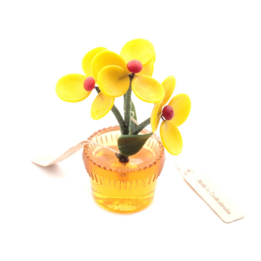 Vintage table top Czech Art Glass lampwork yellow flowers miniature plant pot ornament