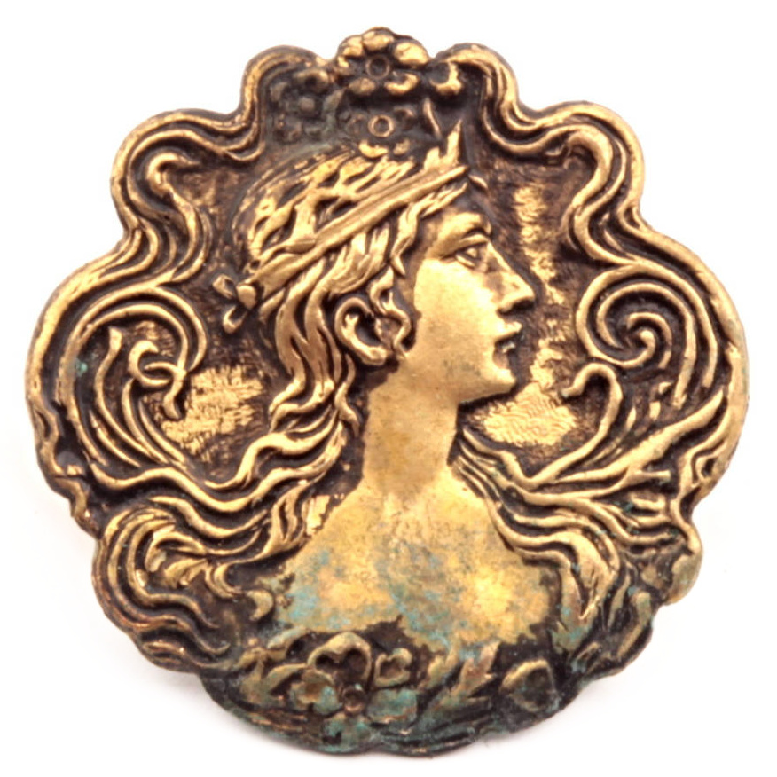 Antique Czech Art Nouveau gold metal floral pictorial portrait button Paris back style