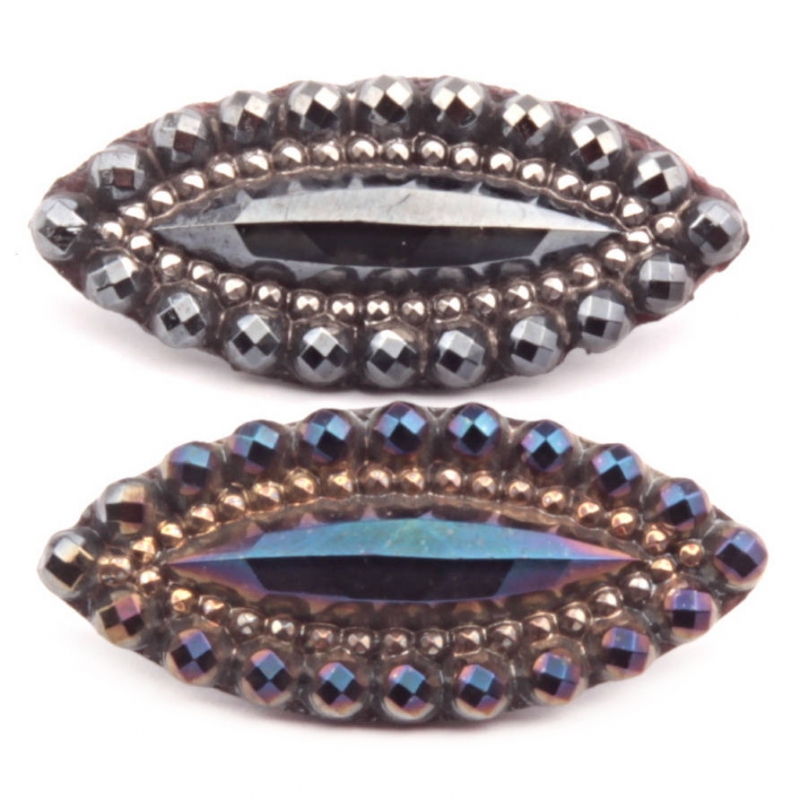 Lot (2) 33mm antique Victorian Czech metallic iridescent oval faceted faux rhinestone black glass buttons