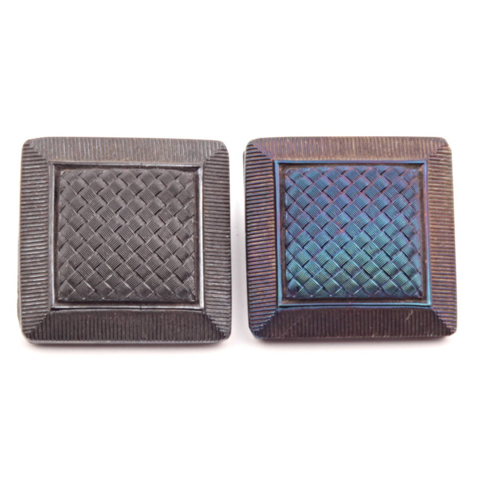 Antique Czech metallic iridescent faux satin fabric square black glass buttons (2) 23mm