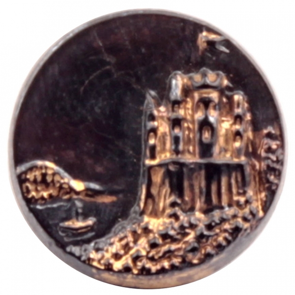 18mm antique Victorian 1880's Czech hand gold gilt Bohemian castle black picture historical glass button