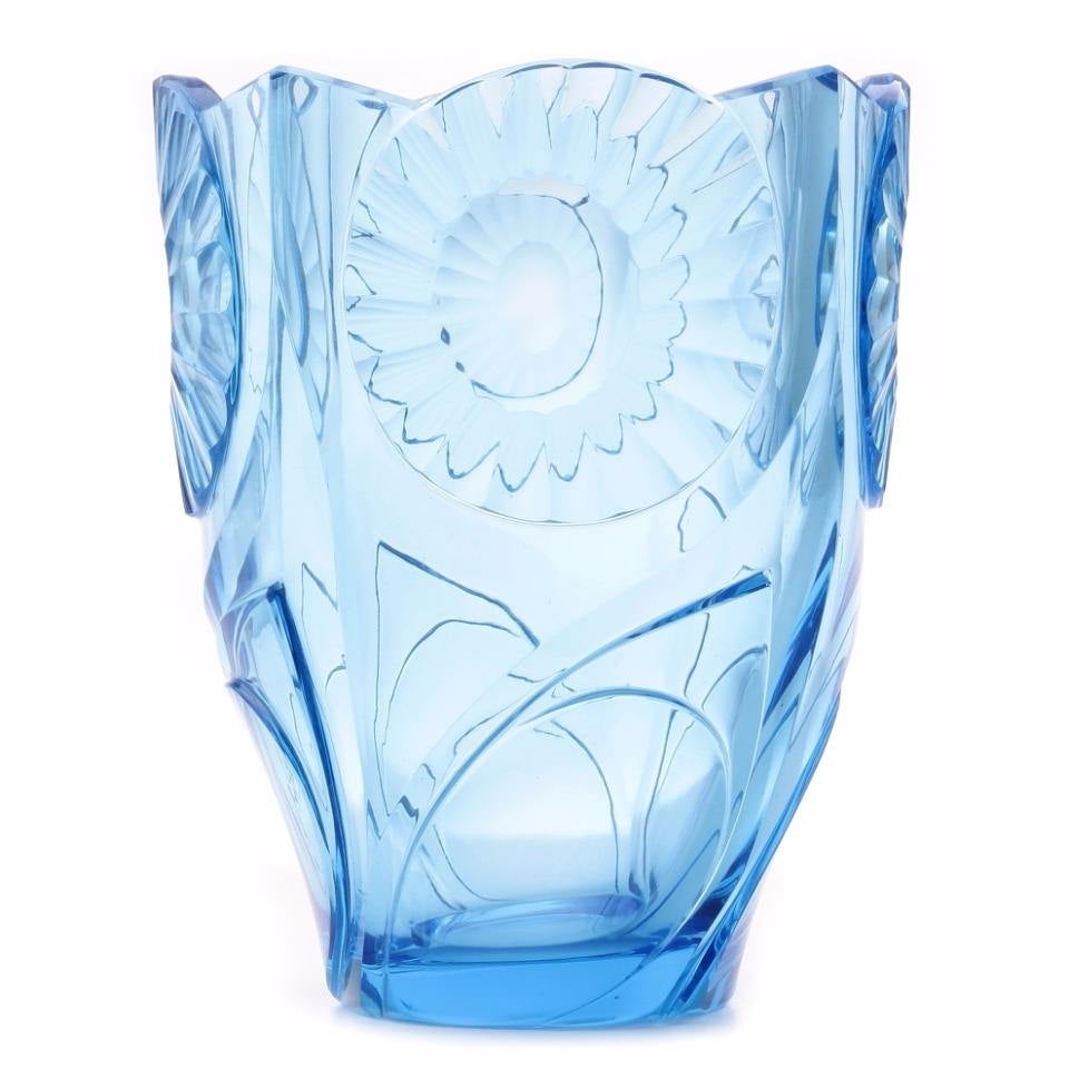 Large Art Deco Sapphire blue geometric sunflowers Czech glass vase