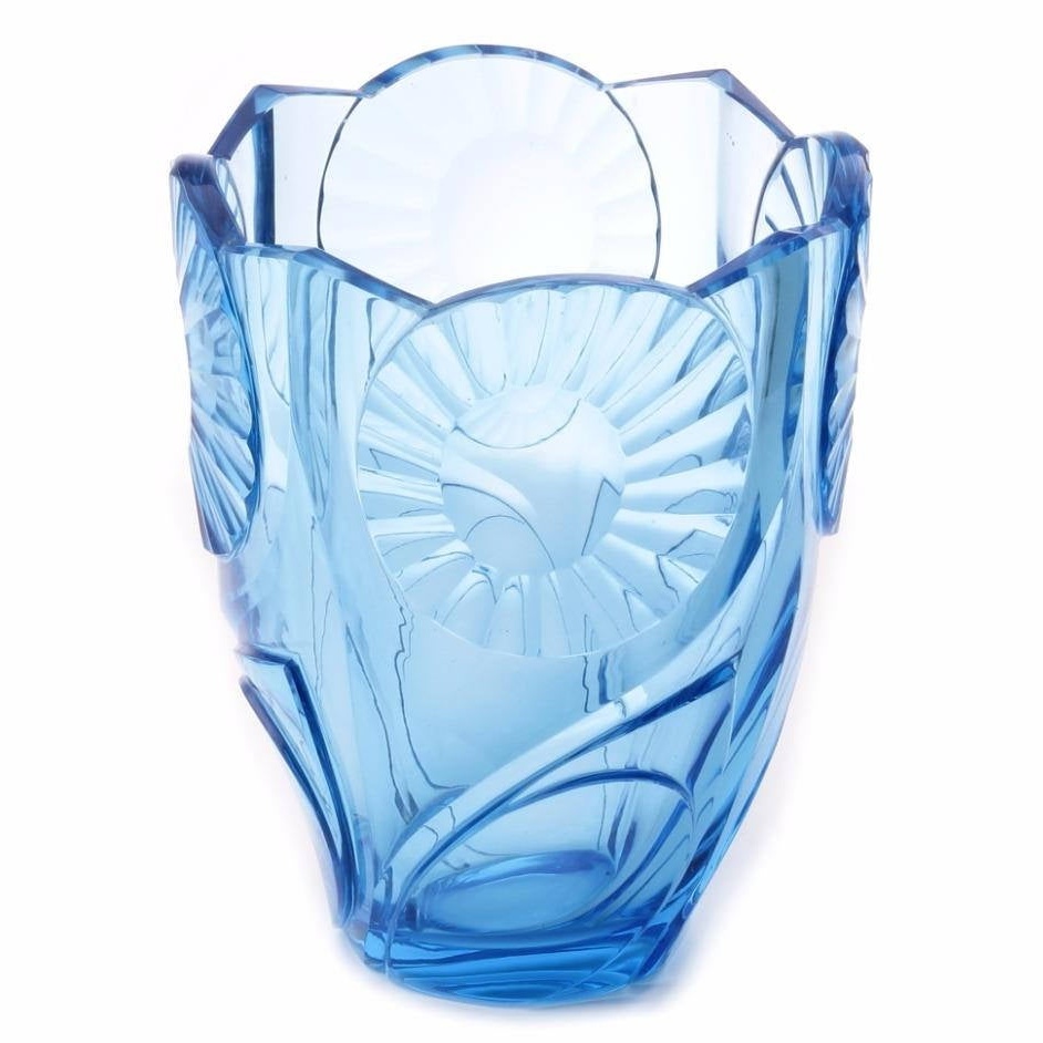 Large Art Deco Sapphire blue geometric sunflowers Czech glass vase