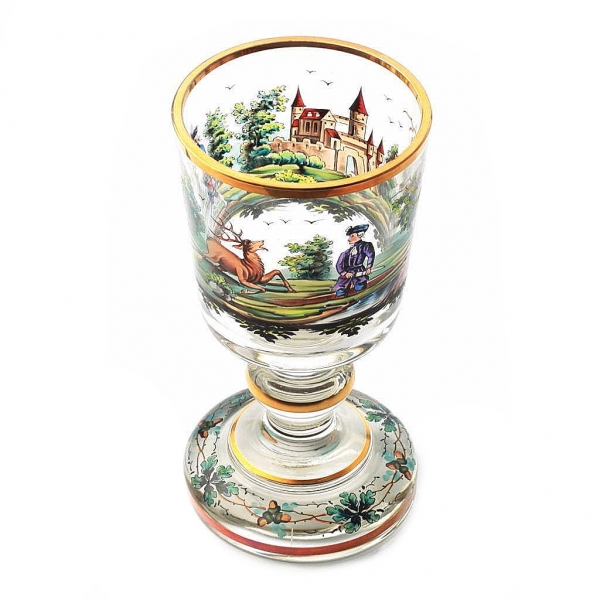 Antique German C19th hand painted Napoleonic deer hunt crystal glass goblet