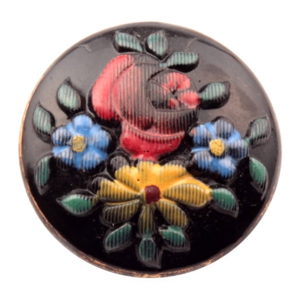 23mm vintage Czech floral hand painted black lacy art glass button