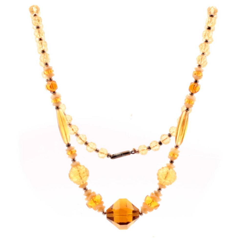 Vintage Art Deco Czech necklace topaz faceted carved flower glass beads