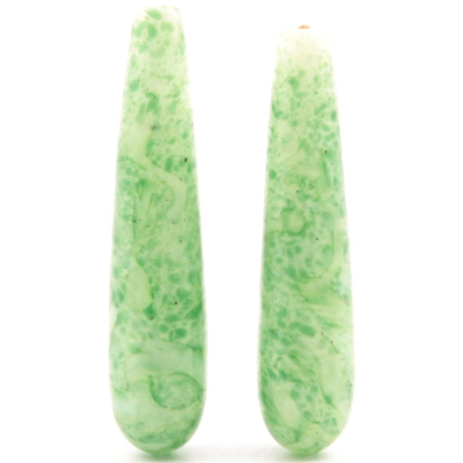 Pair 32mm vintage Deco Czech teardrop green satin marble glass head pin earring beads
