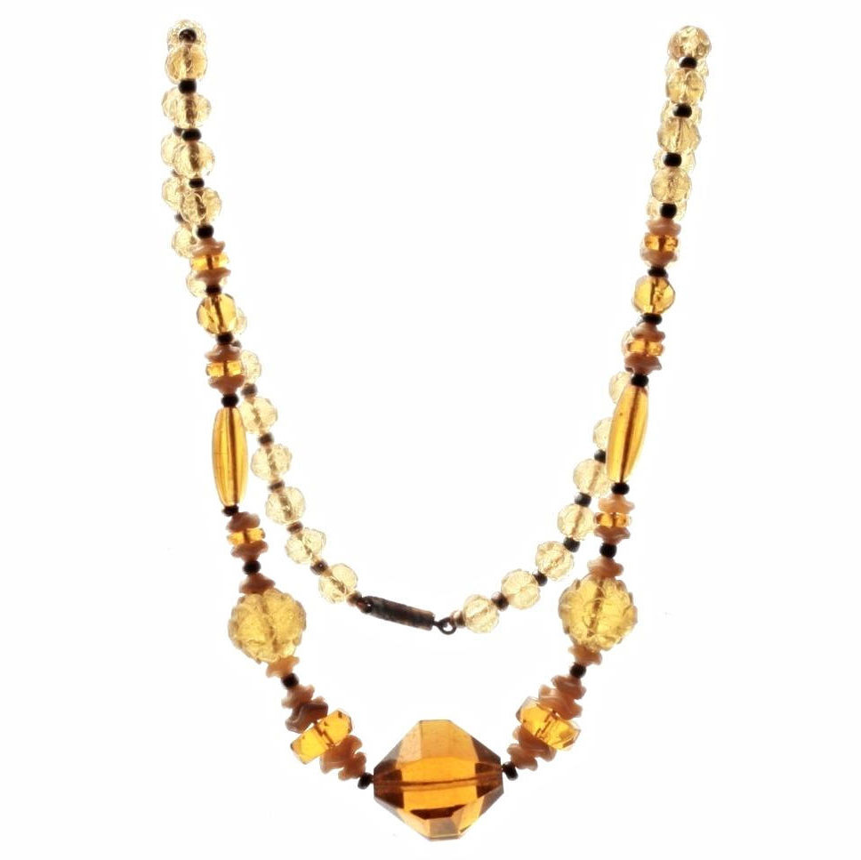 Vintage Czech Art Deco necklace amber carved flower satin rondelle glass beads