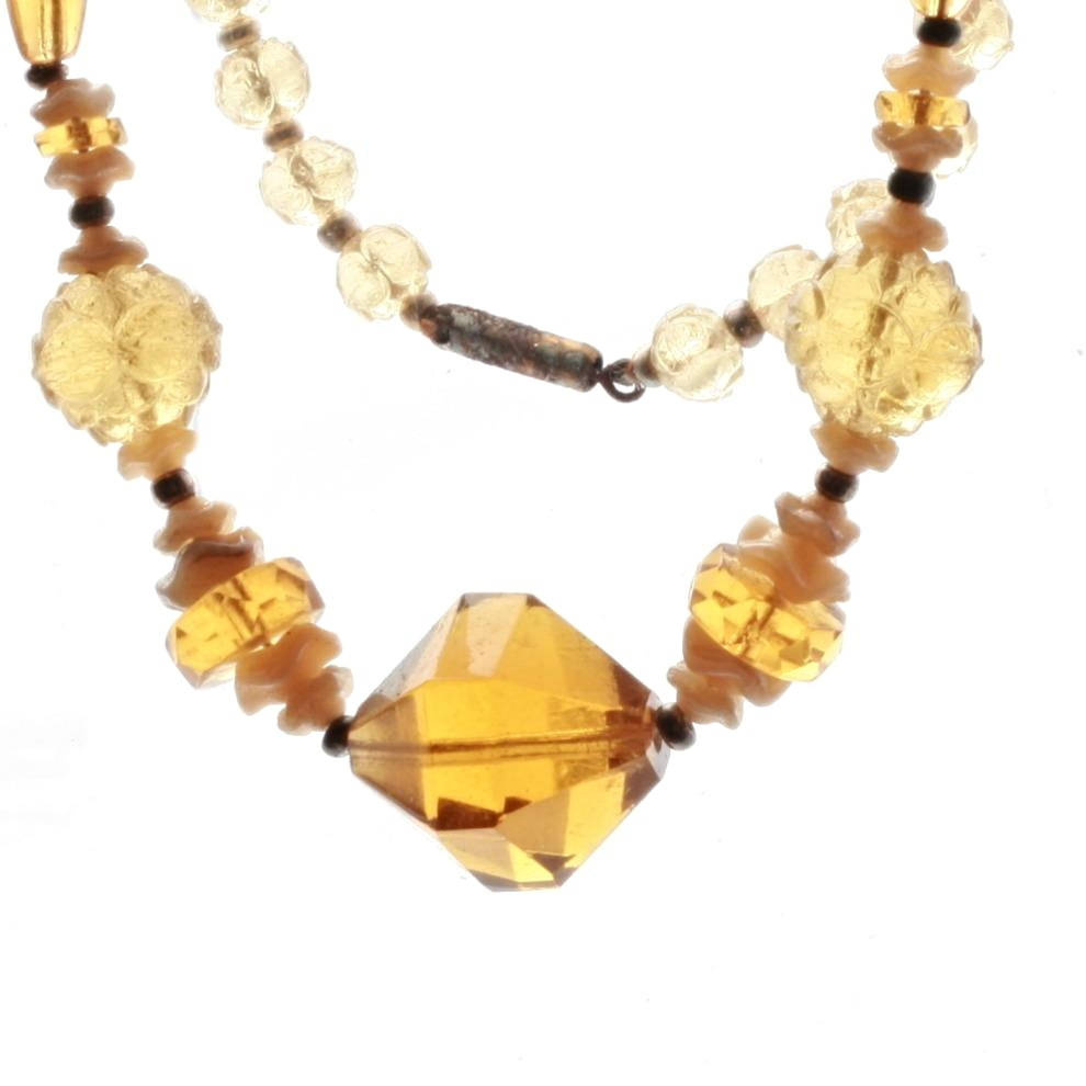 Vintage Czech Art Deco necklace amber carved flower satin rondelle glass beads