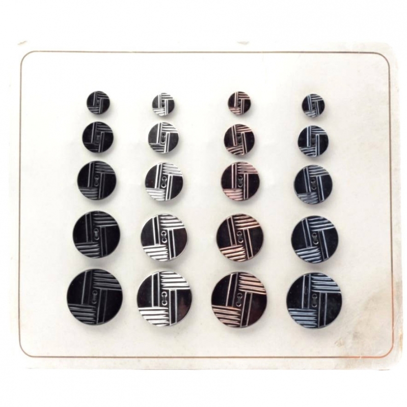 Czech vintage glass buttons Sample card (20) 1920's geometric metallic black 