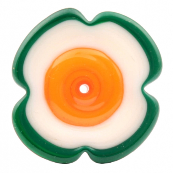 Large 32mm Vintage Czech green white orange flat flower lampwork glass bead 