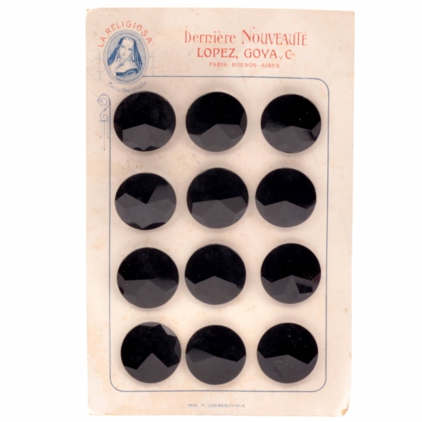 Card (12) 26mm Czech vintage black geometric faceted "Derniere Nouveaute" glass button