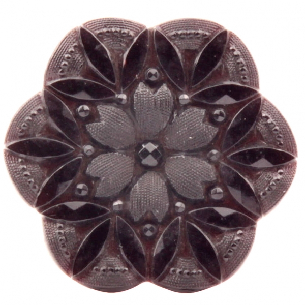 Large 31mm antique Victorian 1900's Czech faux rhinestone flower lacy black glass button 