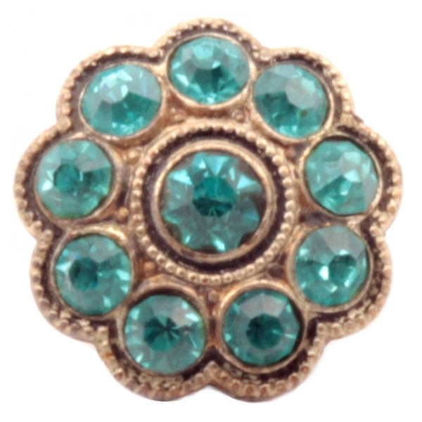 18mm Antique Czech turquoise glass rhinestone metal mounted flower button
