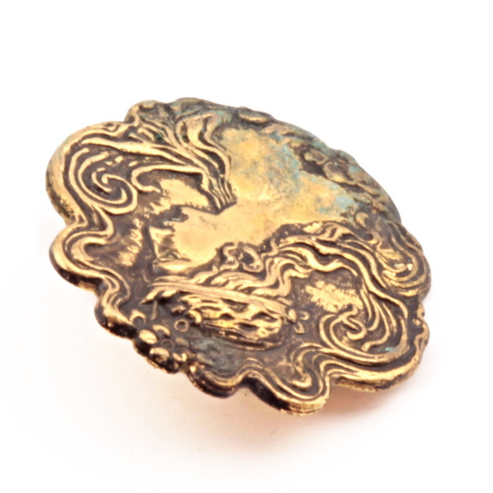 Antique Czech Art Nouveau gold metal floral pictorial portrait button Paris back style