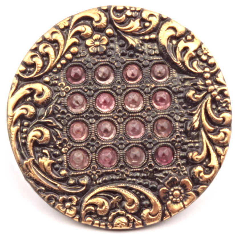 32mm Antique Victorian 2 part floral glass rhinestone repousse gold metallic tinned metal button