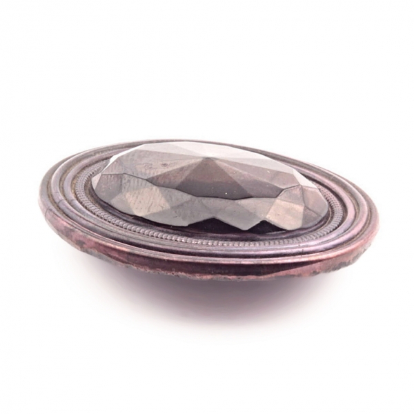 Large 36mm antique Czech metallic iridescent oval faceted black glass button 