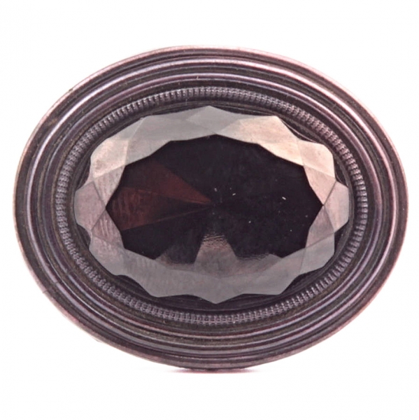 Large 36mm antique Czech metallic iridescent oval faceted black glass button 