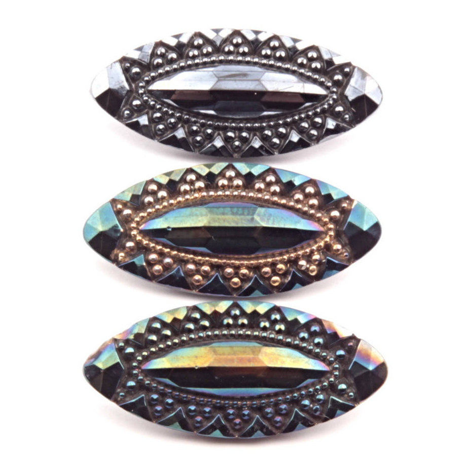 Lot (3) 32mm antique Victorian Czech metallic iridescent oval faceted faux rhinestone black glass buttons