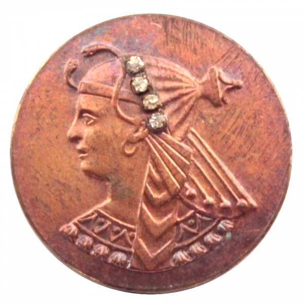 24mm Antique German Czech Egyptian revival Art Nouveau lady rhinestone metal picture button