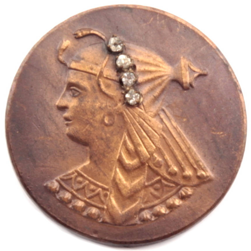 Antique Art Nouveau Egyptian revival lady rhinestone metal picture button