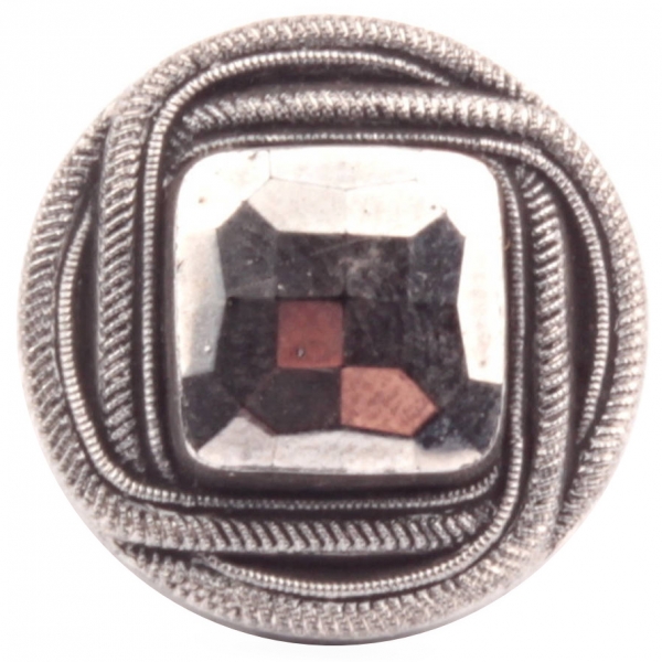 23mm Czech Bohemian Art Deco 1920's silver metallic knot design faceted black glass button