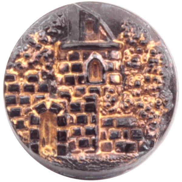 18mm antique Victorian 1880's Czech hand gold gilt Bohemian castle black picture glass button