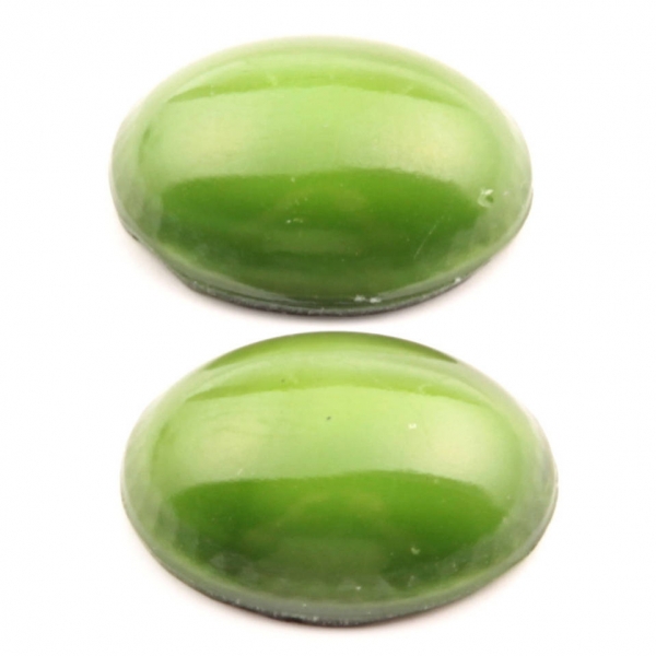 Lot (2) 20x15mm Czech vintage green satin moonglow oval domed art glass cabochons