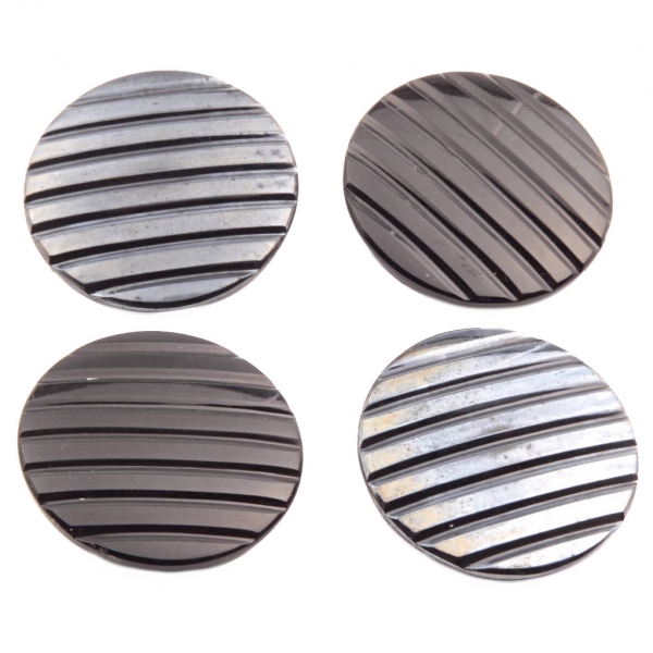 Collection (4) 32mm Czech Art Deco vintage metallic ribbed black glass buttons