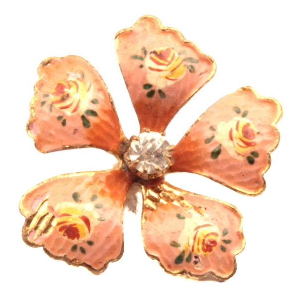 28mm Antique German Czech Art Nouveau gold plated metal hand painted enamel pansy flower rhinestone button