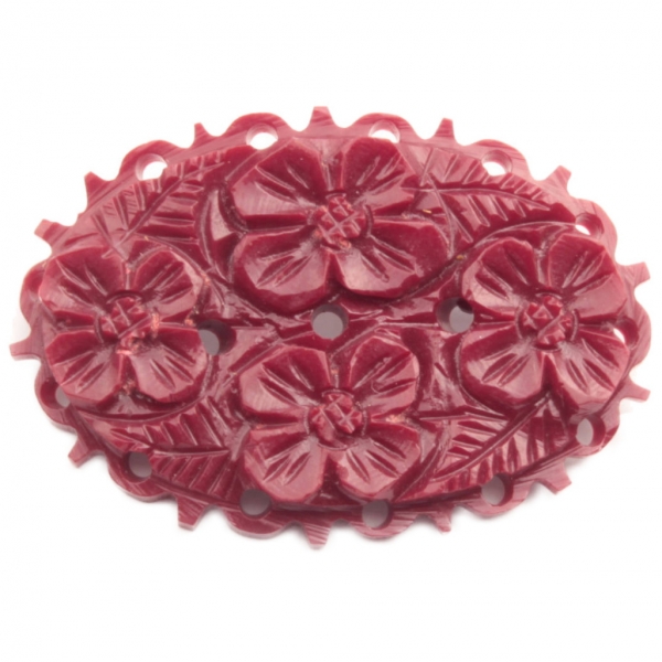 German Bohemian vintage Art Deco burgundy red galalith plastic carved flower pin brooch