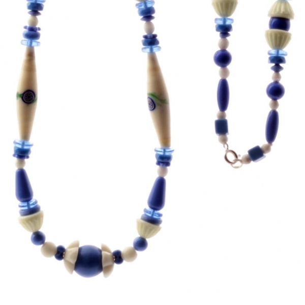 Vintage Czech necklace millefiori lampwork Uranium barrel flower glass beads