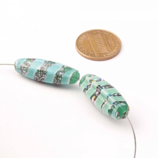 Lot (2) 27mm vintage Czech lampwork spatter marble green spiral melon glass beads