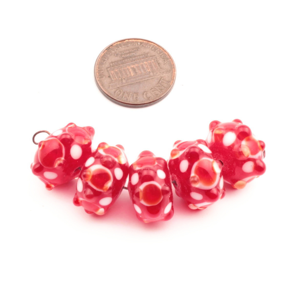 Czech orange overlay red and white bicolor rondelle lampwork glass beads. Lot (5) 17x10mm 