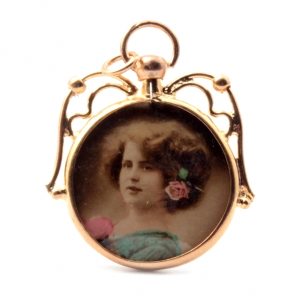 Antique Czech rolled gold lithograph photo portrait locket necklace pendant 