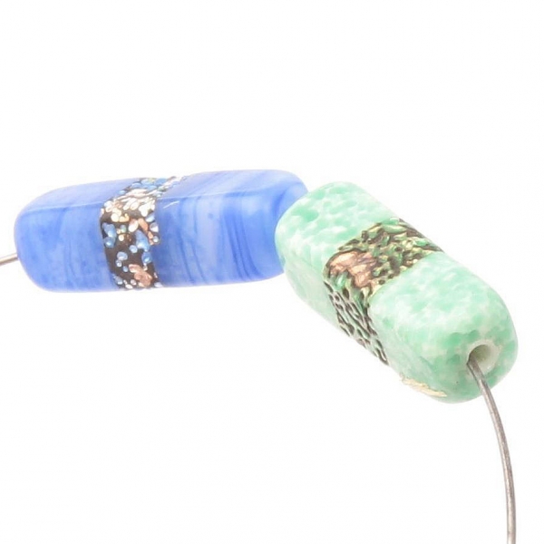 Lot (2) 21mm vintage Czech lampwork foil band blue opaline jade marble glass beads