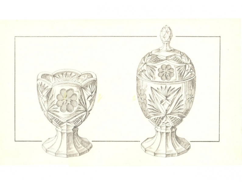Original 1930's line drawing design print Czech cut crystal glass bowls tableware wall art