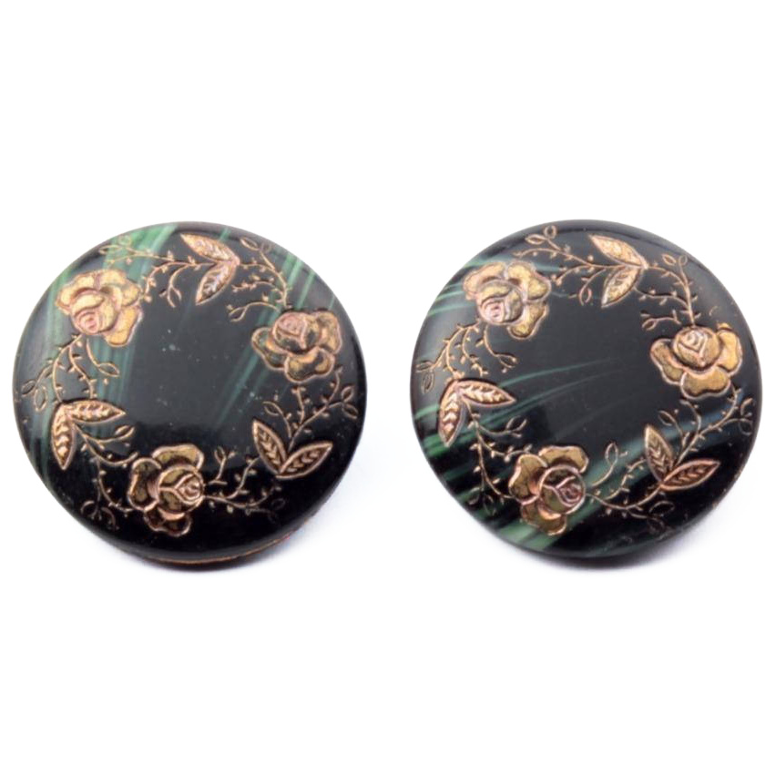 Vintage glass buttons Lot (2) 24mm Czech 14k gold rose floral black striped