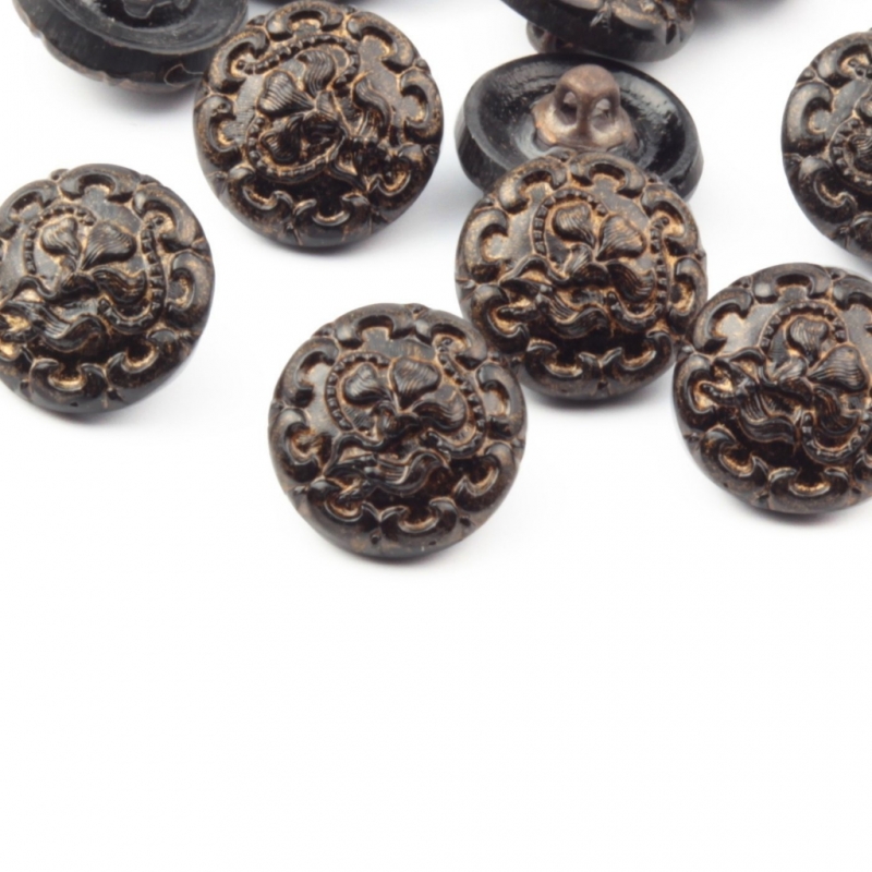Lot (11) 13mm bronze luster black Czech vintage floral glass buttons