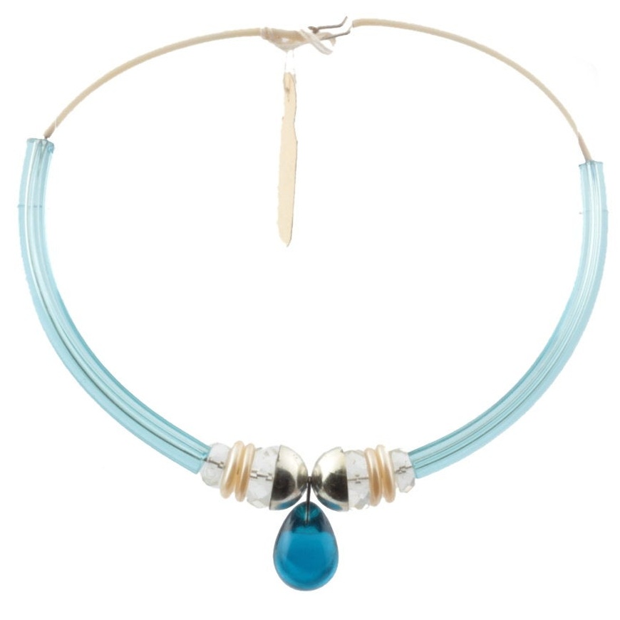 Vintage Czech necklace long blue arc bugle faux pearl blue grape glass beads