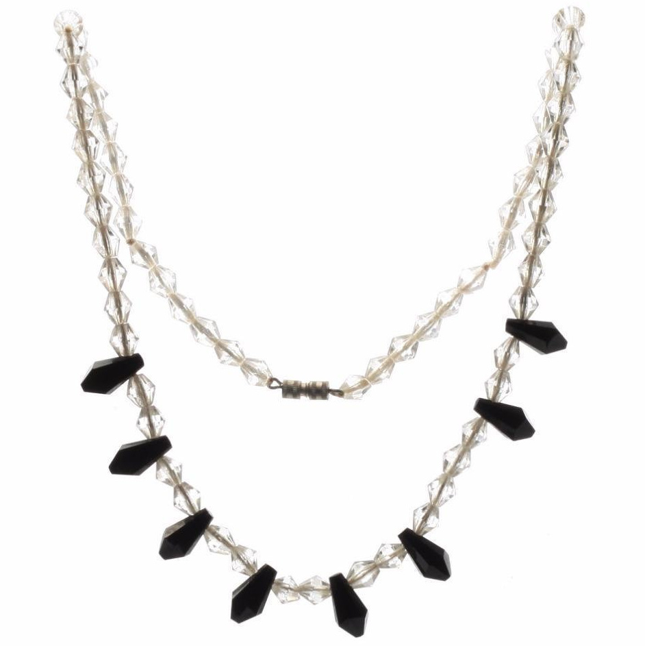 Czech Art Deco beaded necklace hand faceted clear black teardrop glass beads